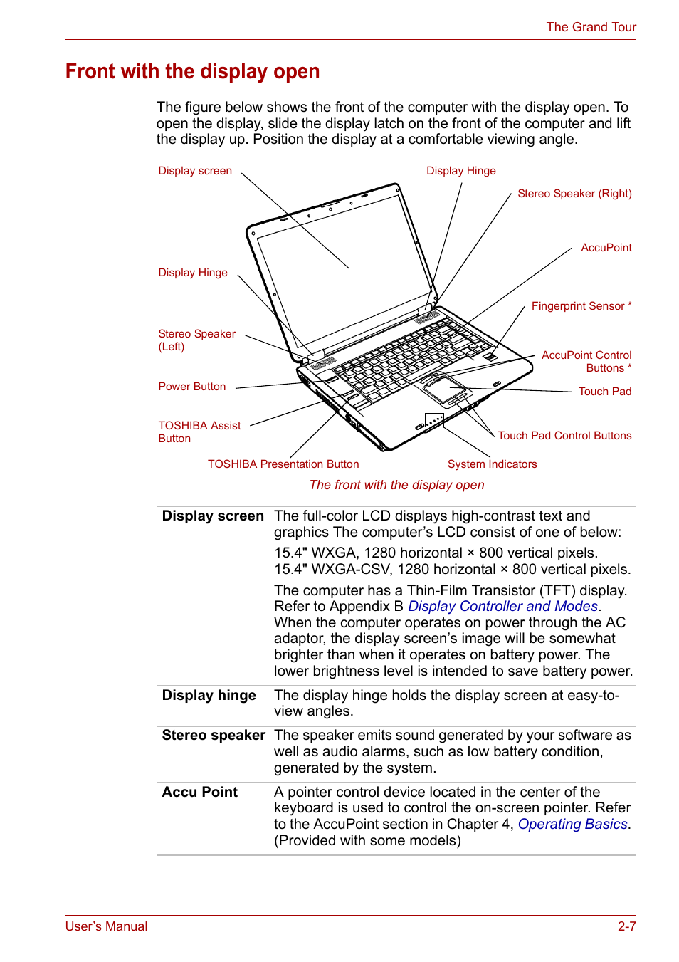 Front with the display open, Front with the display open -7 | Toshiba Tecra A7 User Manual | Page 37 / 186