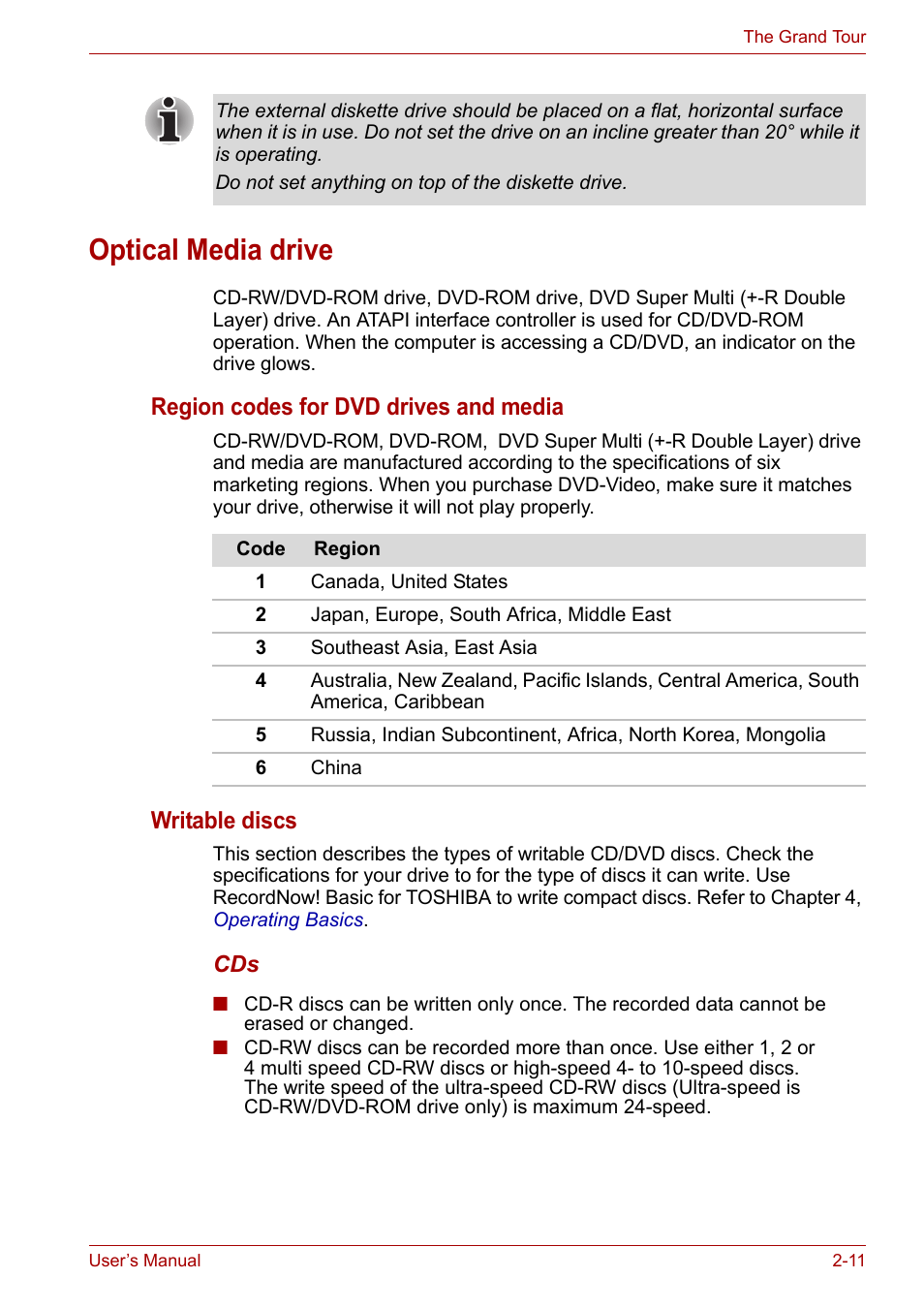 Optical media drive, Optical media drive -11, Region codes for dvd drives and media | Writable discs | Toshiba Tecra A7 User Manual | Page 41 / 186