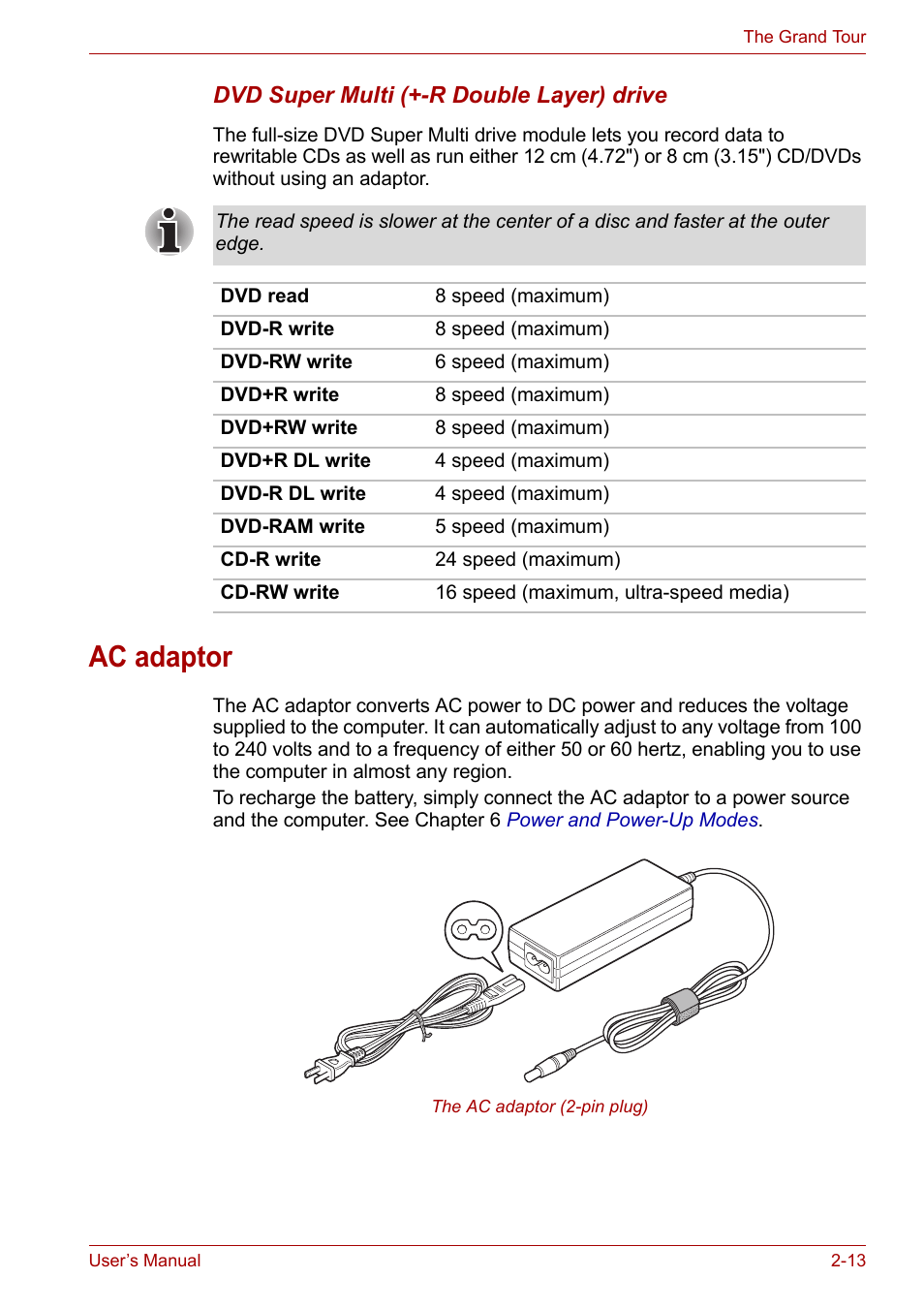 Ac adaptor, Ac adaptor -13 | Toshiba Tecra A7 User Manual | Page 43 / 186