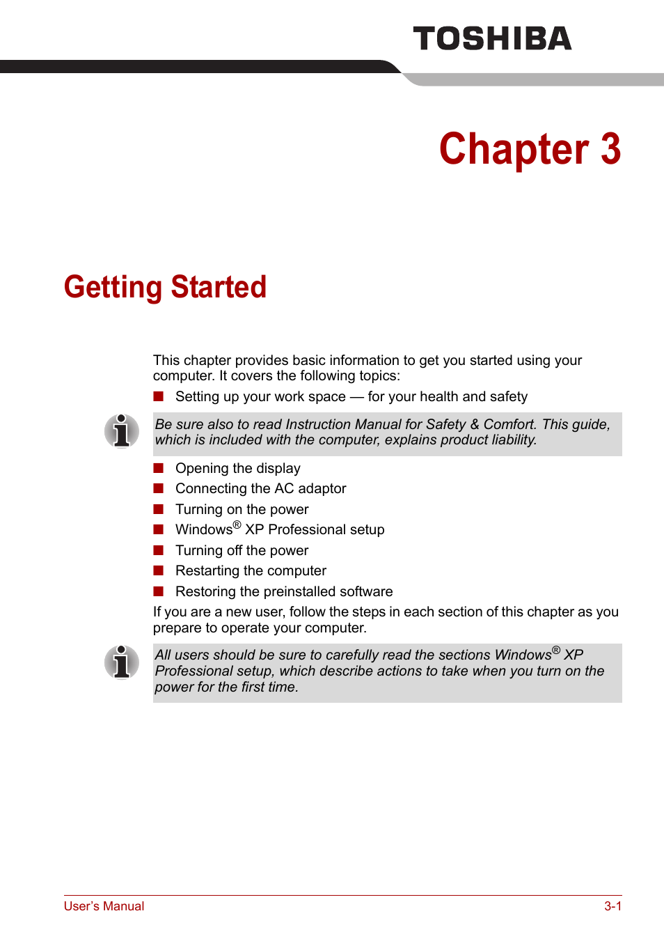 Chapter 3: getting started, Getting started, Chapter 3 | Toshiba Tecra A7 User Manual | Page 45 / 186