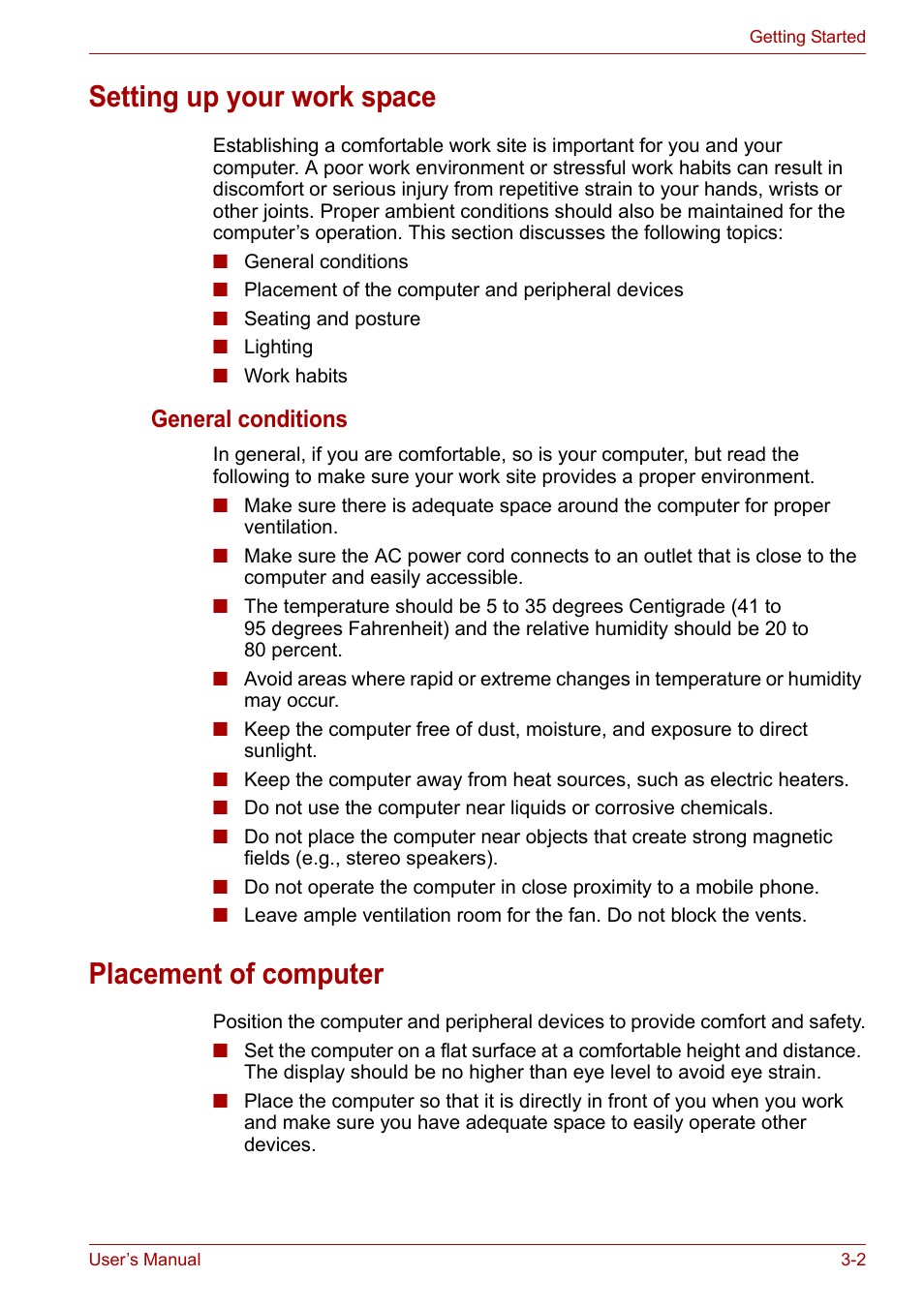 Setting up your work space, Placement of computer, General conditions | Toshiba Tecra A7 User Manual | Page 46 / 186