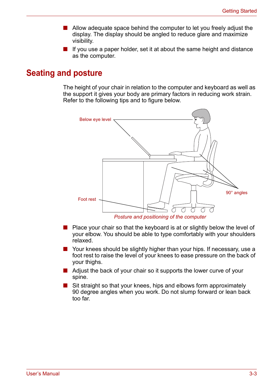 Seating and posture, Seating and posture -3 | Toshiba Tecra A7 User Manual | Page 47 / 186