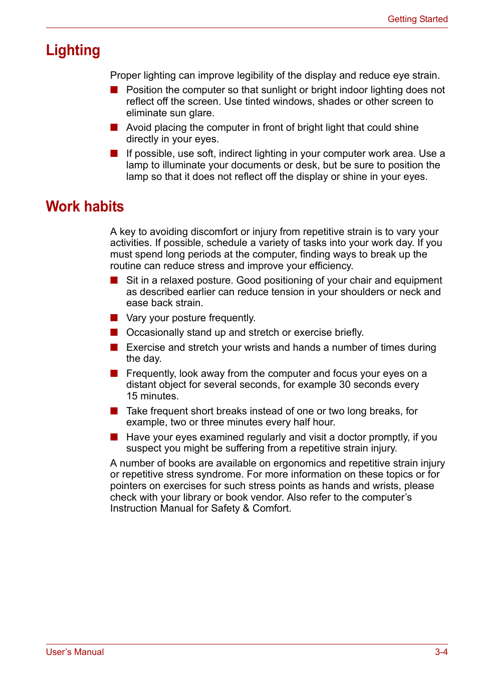 Lighting, Work habits, Lighting -4 work habits -4 | Toshiba Tecra A7 User Manual | Page 48 / 186