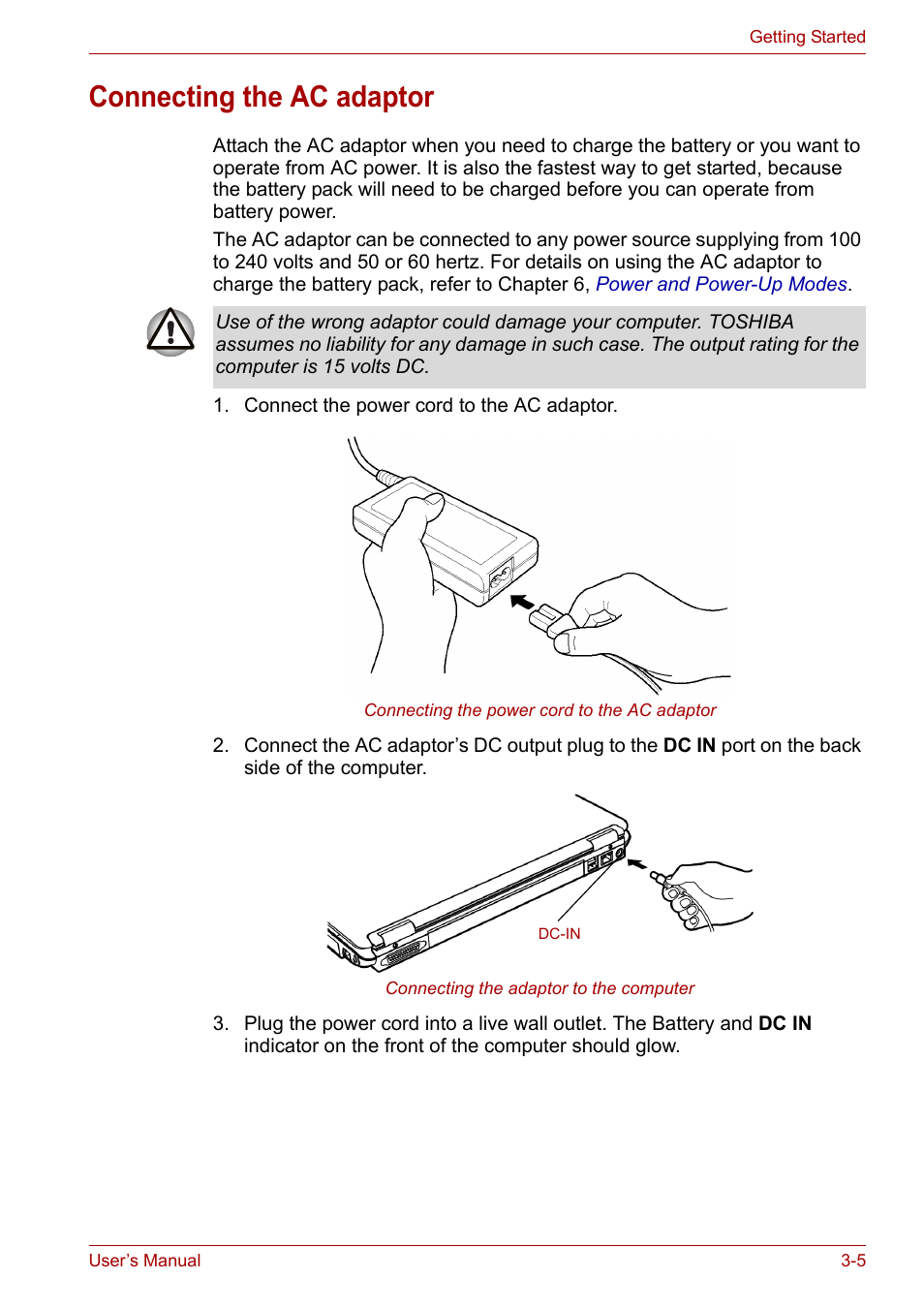 Connecting the ac adaptor, Connecting the ac adaptor -5 | Toshiba Tecra A7 User Manual | Page 49 / 186