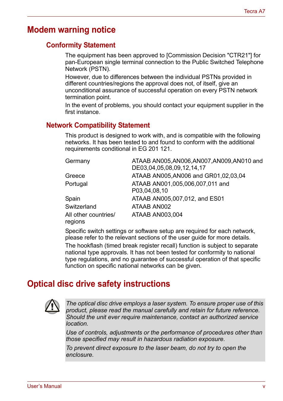 Modem warning notice, Optical disc drive safety instructions, Conformity statement | Network compatibility statement | Toshiba Tecra A7 User Manual | Page 5 / 186