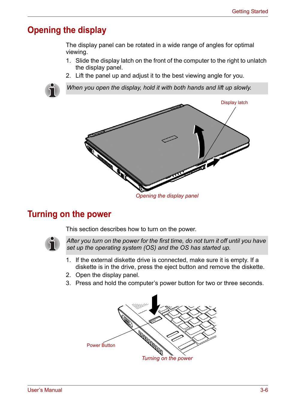 Opening the display, Turning on the power, Opening the display -6 turning on the power -6 | Toshiba Tecra A7 User Manual | Page 50 / 186