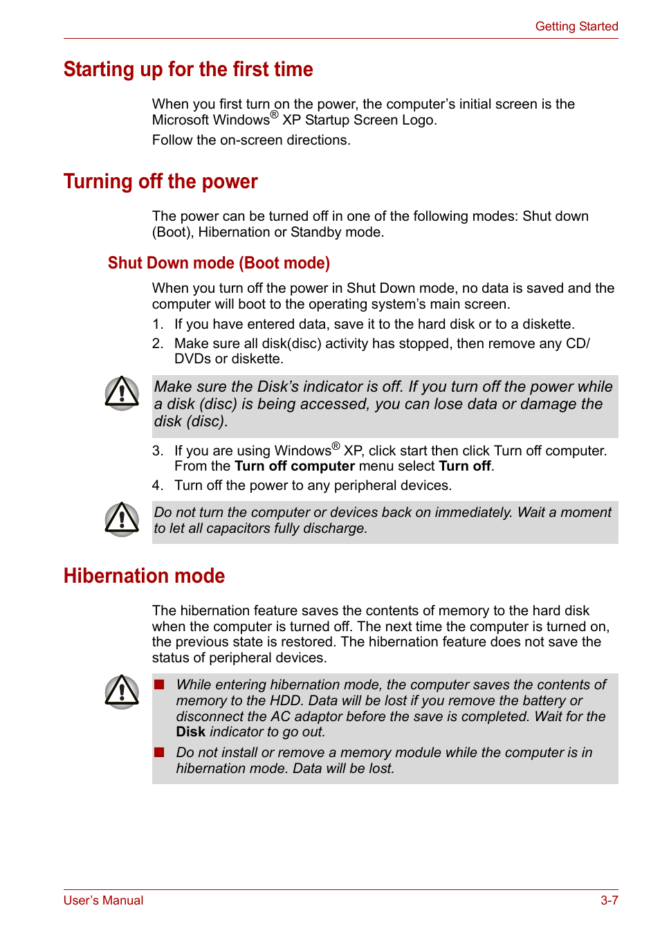 Starting up for the first time, Turning off the power, Hibernation mode | Toshiba Tecra A7 User Manual | Page 51 / 186