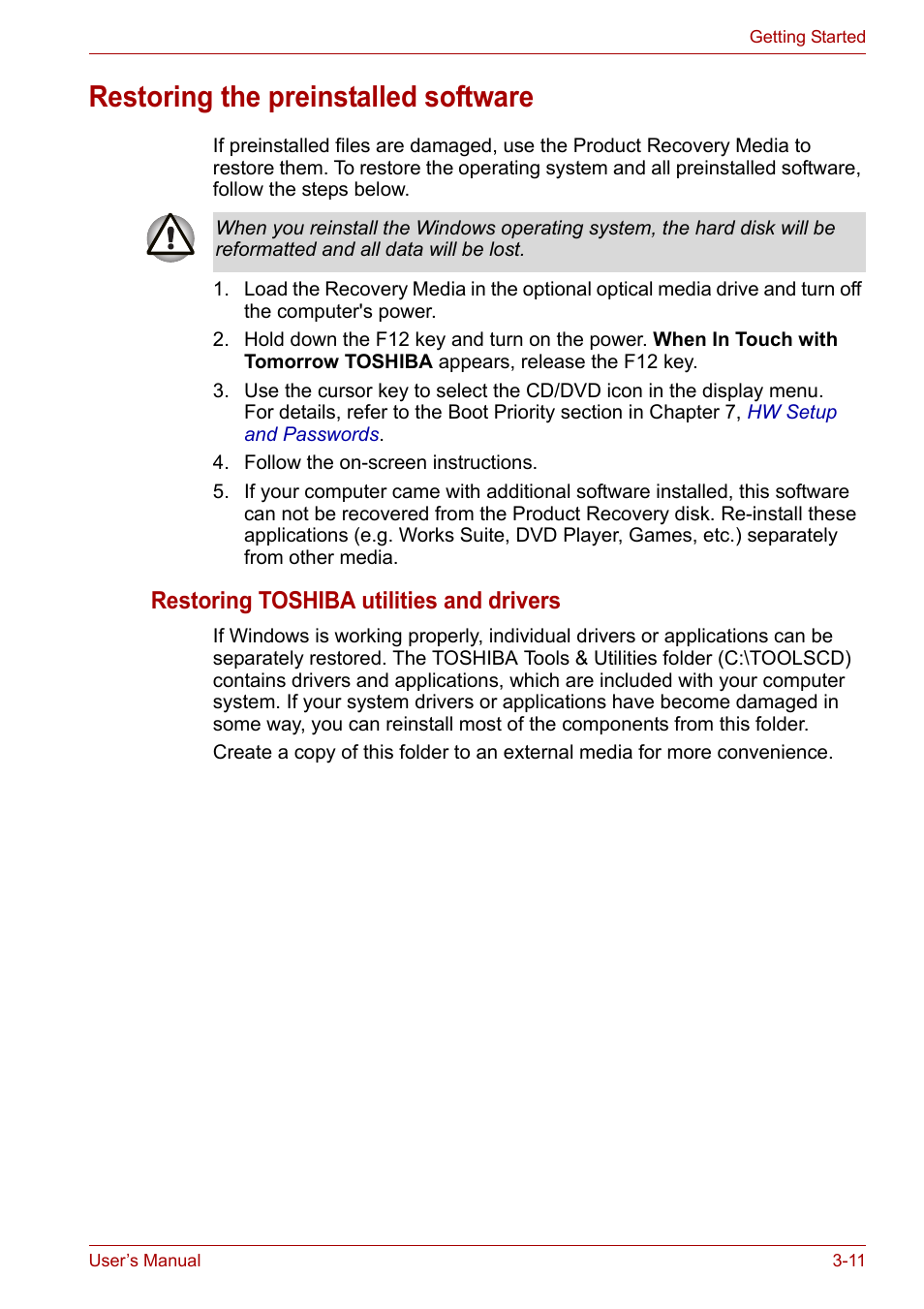 Restoring the preinstalled software, Restoring the preinstalled software -11, Restoring toshiba utilities and drivers | Toshiba Tecra A7 User Manual | Page 55 / 186