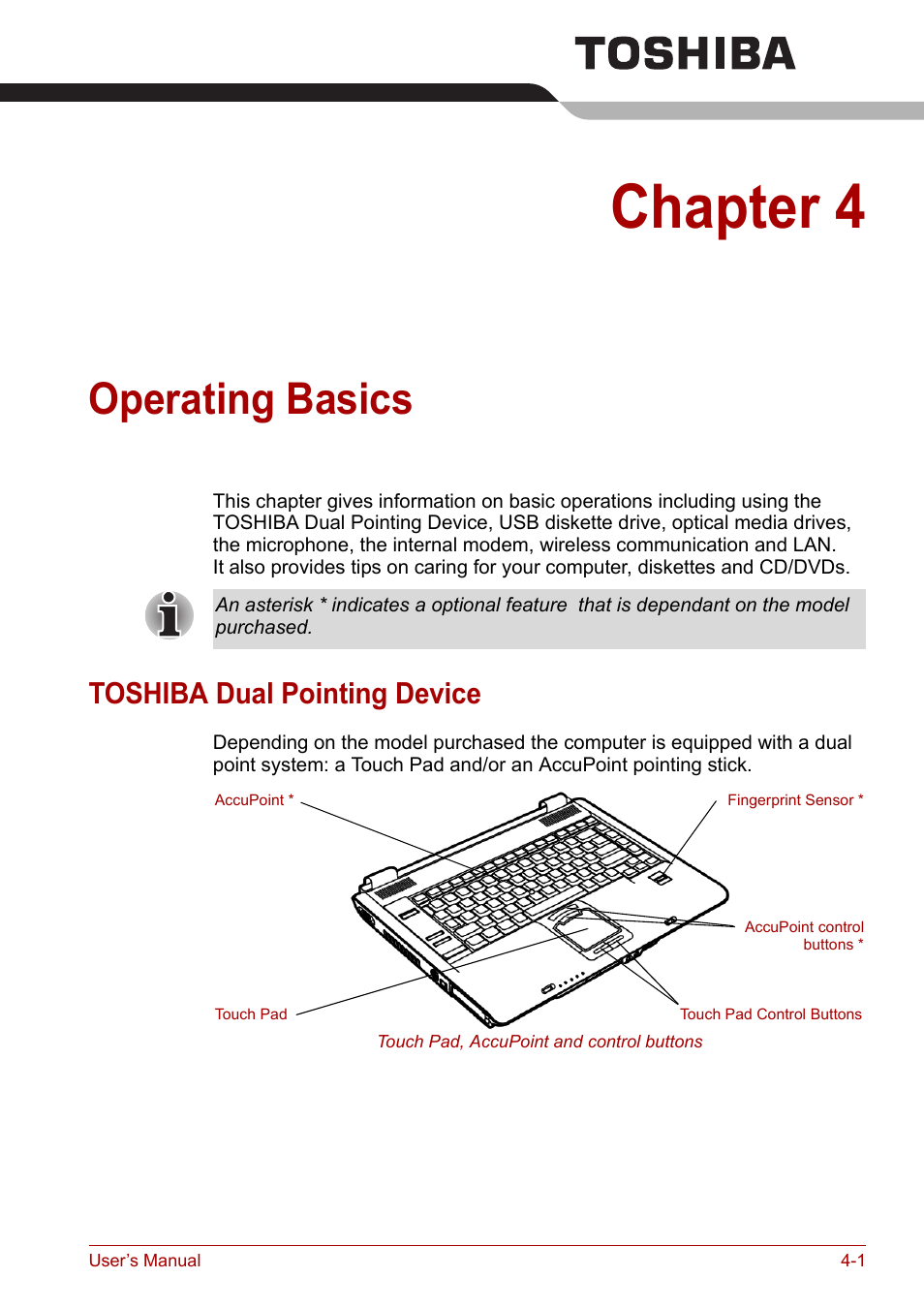 Chapter 4: operating basics, Toshiba dual pointing device, Operating basics | Chapter 4, Toshiba dual pointing device -1, Operating, Basics, Ter 4 | Toshiba Tecra A7 User Manual | Page 56 / 186