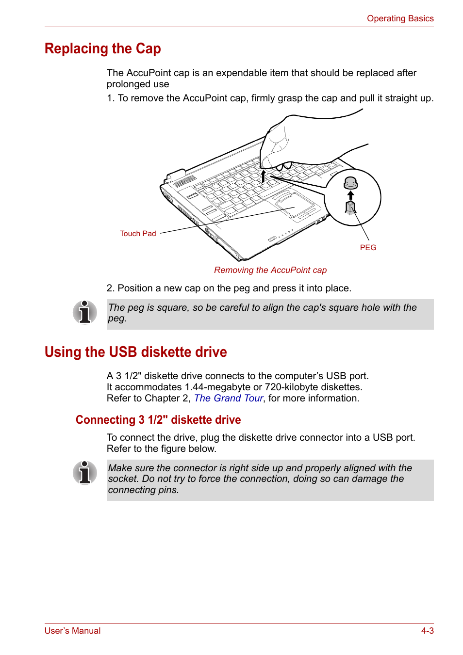 Replacing the cap, Using the usb diskette drive, Connecting 3 1/2" diskette drive | Toshiba Tecra A7 User Manual | Page 58 / 186