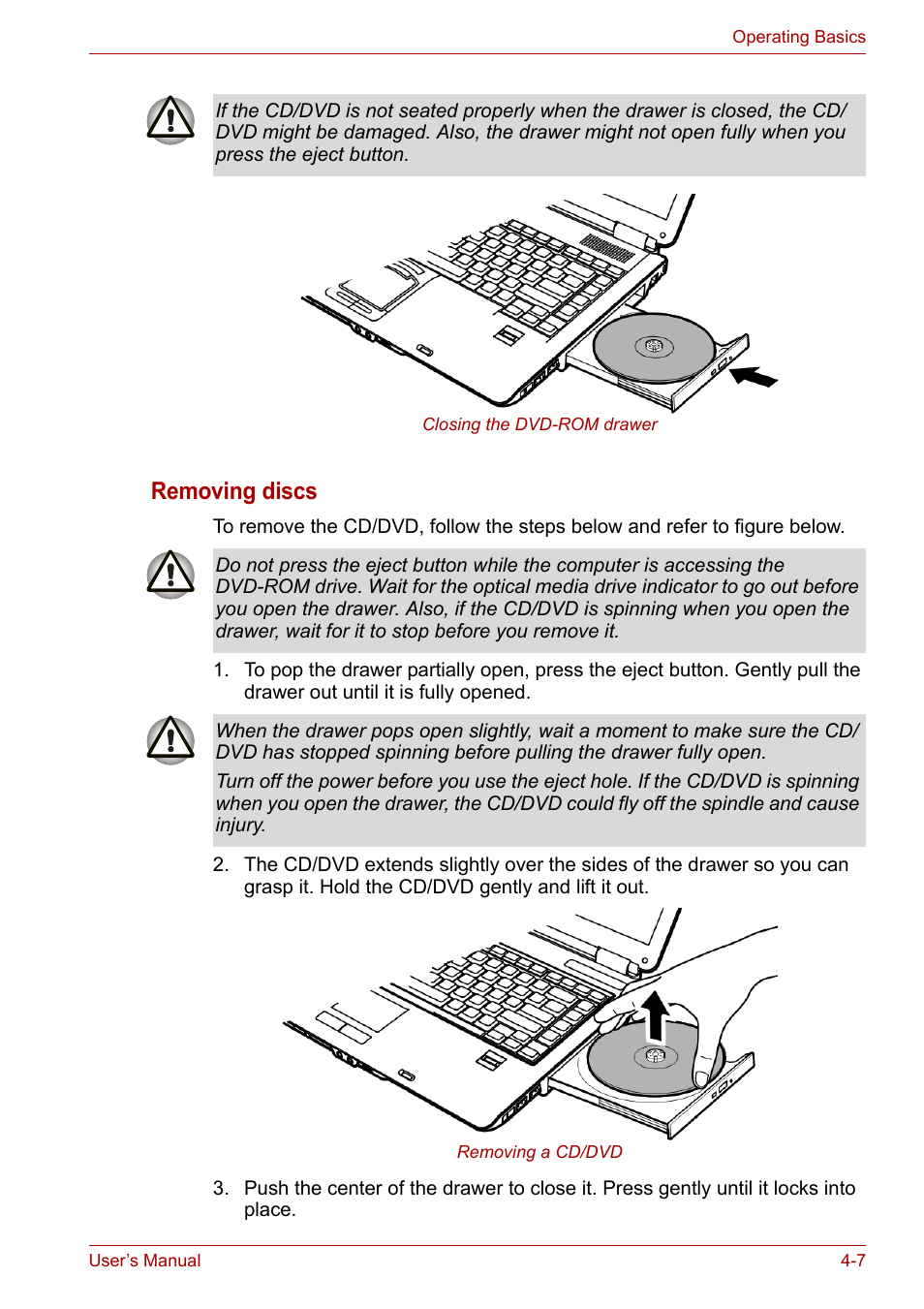 Removing discs | Toshiba Tecra A7 User Manual | Page 62 / 186