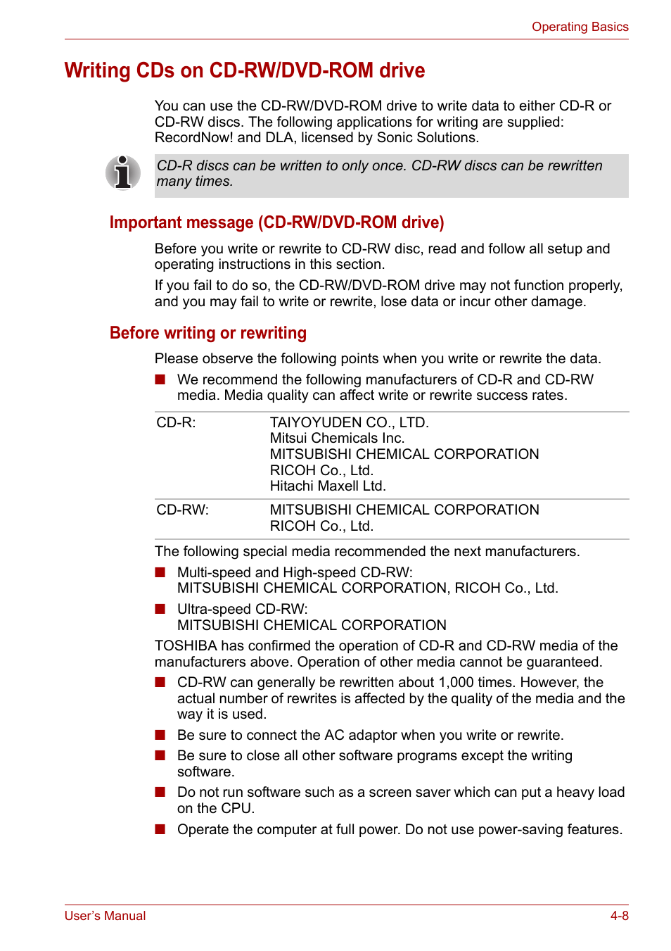 Writing cds on cd-rw/dvd-rom drive, Writing cds on cd-rw/dvd-rom drive -8, Important message (cd-rw/dvd-rom drive) | Before writing or rewriting | Toshiba Tecra A7 User Manual | Page 63 / 186