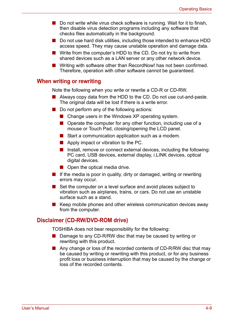 When writing or rewriting, Disclaimer (cd-rw/dvd-rom drive) | Toshiba Tecra A7 User Manual | Page 64 / 186