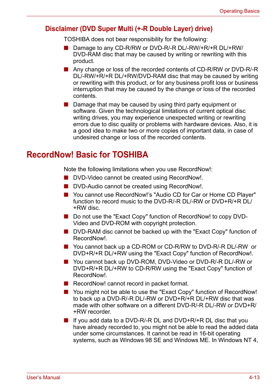 Recordnow! basic for toshiba, Recordnow! basic for toshiba -13 | Toshiba Tecra A7 User Manual | Page 68 / 186