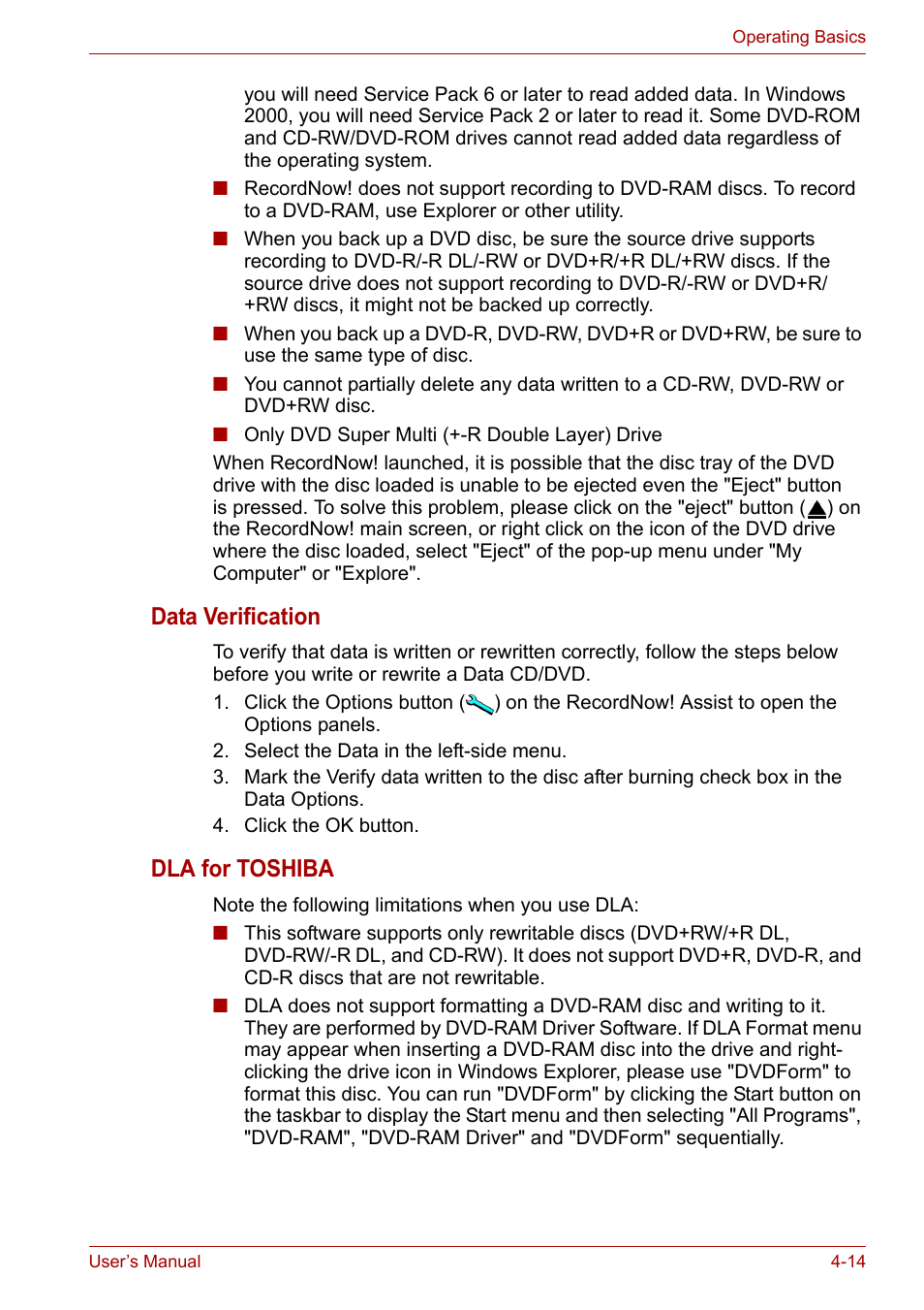 Data verification, Dla for toshiba | Toshiba Tecra A7 User Manual | Page 69 / 186