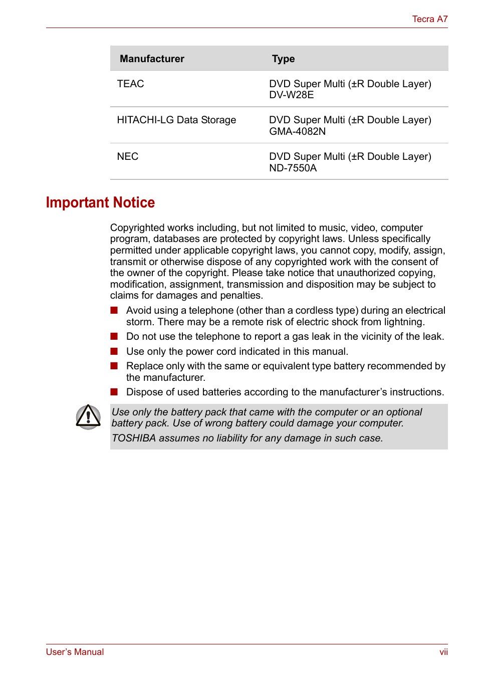 Important notice | Toshiba Tecra A7 User Manual | Page 7 / 186