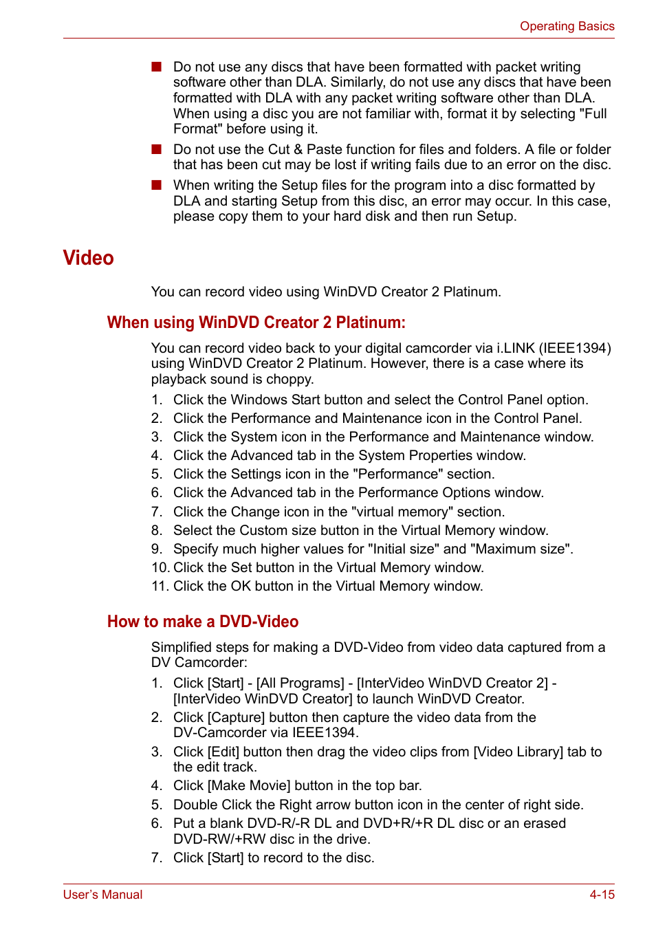 Video, Video -15, When using windvd creator 2 platinum | How to make a dvd-video | Toshiba Tecra A7 User Manual | Page 70 / 186