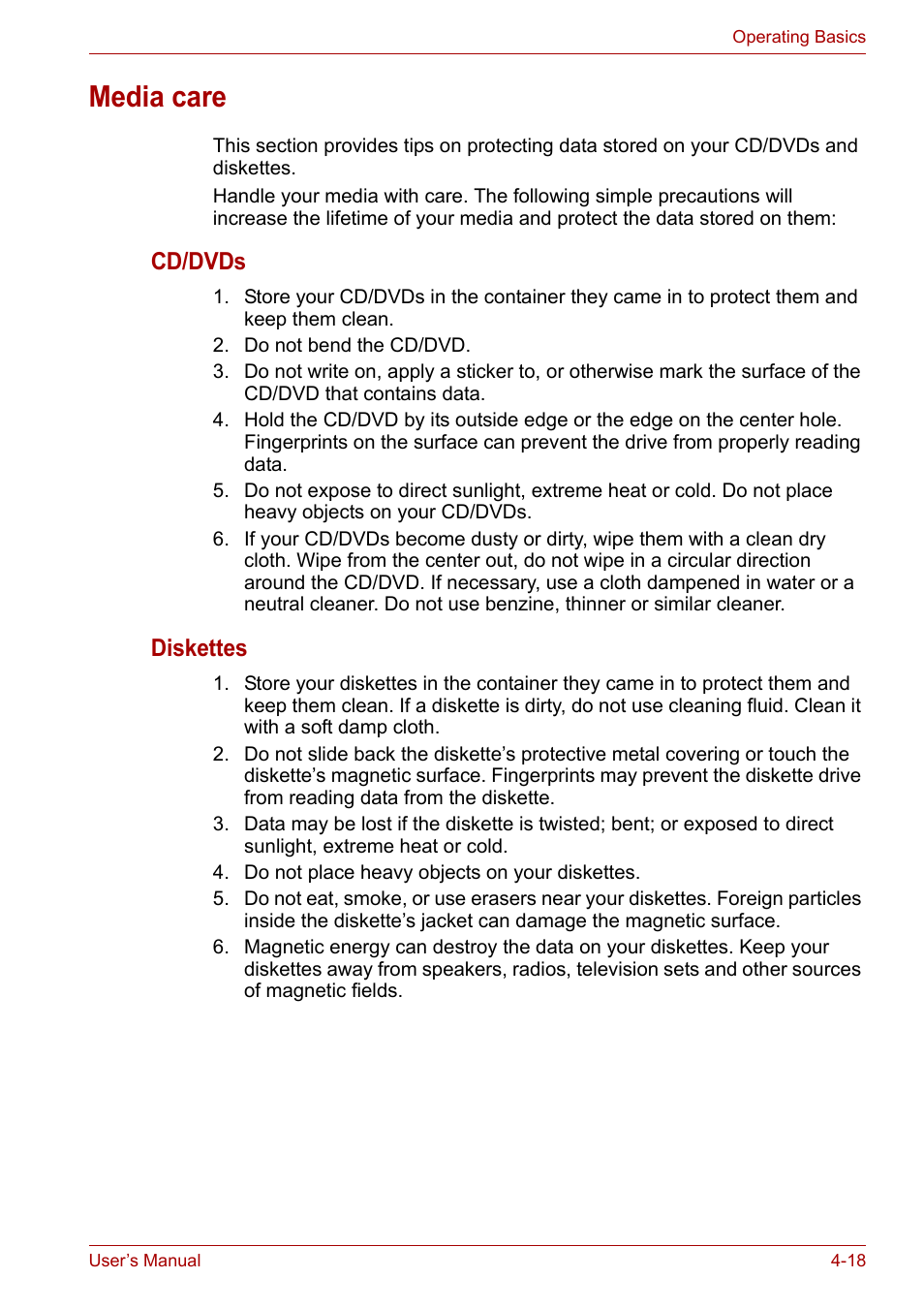Media care, Media care -18, Cd/dvds | Diskettes | Toshiba Tecra A7 User Manual | Page 73 / 186