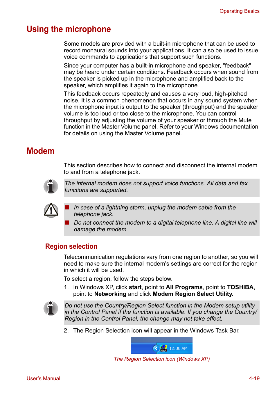 Using the microphone, Modem, Using the microphone -19 modem -19 | Region selection | Toshiba Tecra A7 User Manual | Page 74 / 186