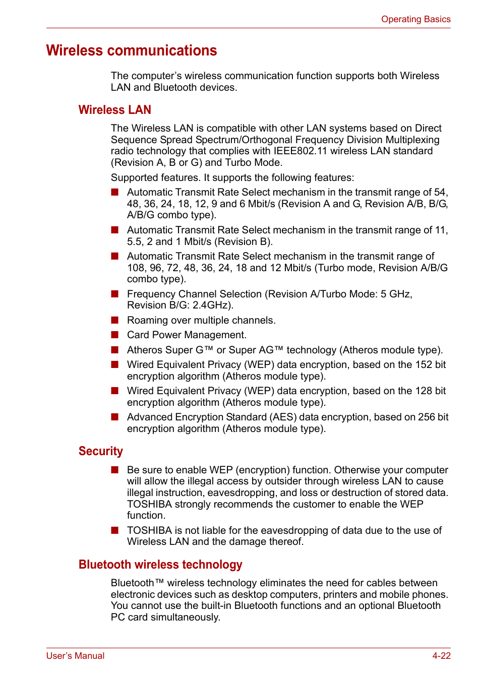 Wireless communications, Wireless communications -22, Wireless lan | Security, Bluetooth wireless technology | Toshiba Tecra A7 User Manual | Page 77 / 186