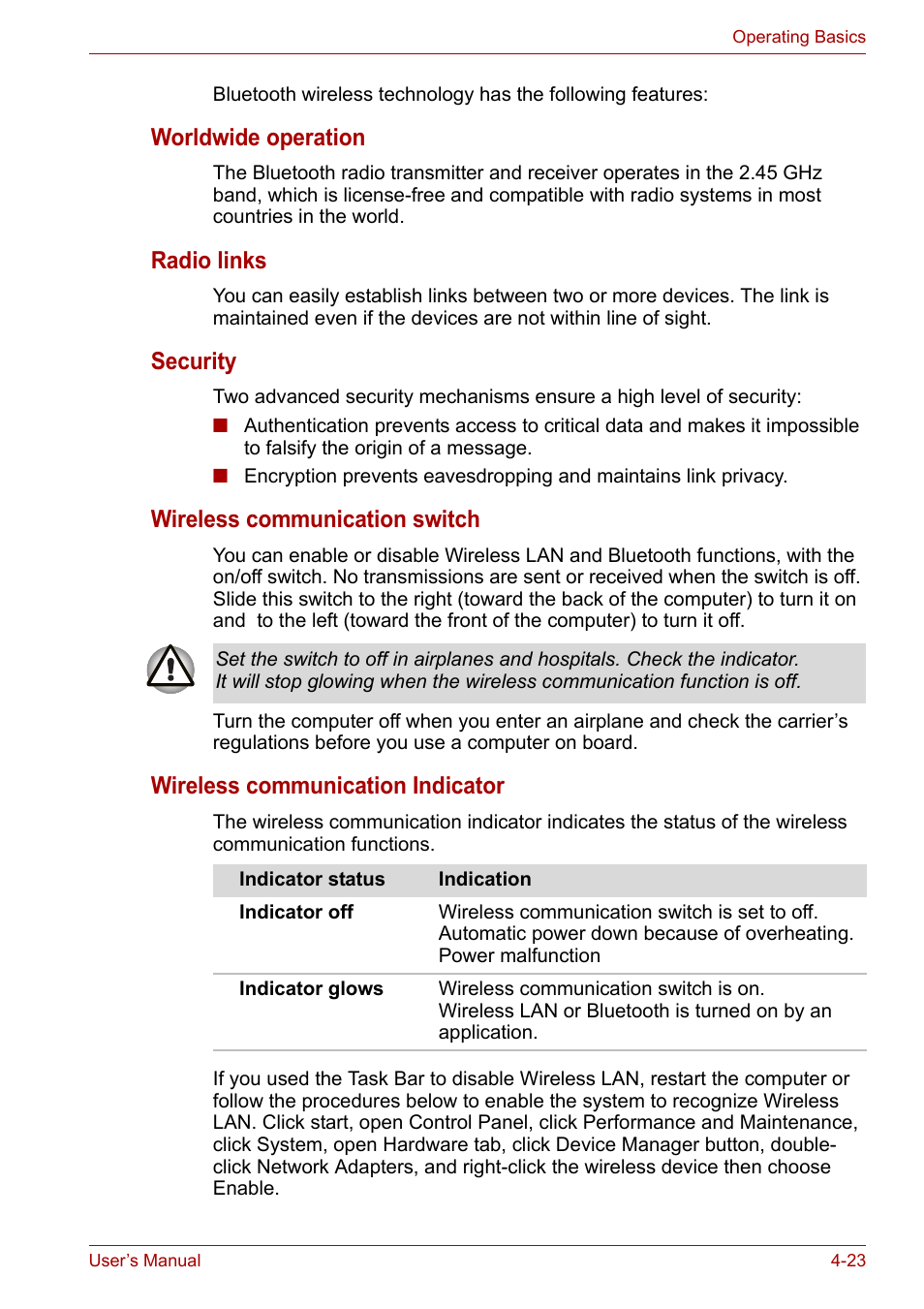 Worldwide operation, Radio links, Security | Wireless communication switch, Wireless communication indicator | Toshiba Tecra A7 User Manual | Page 78 / 186