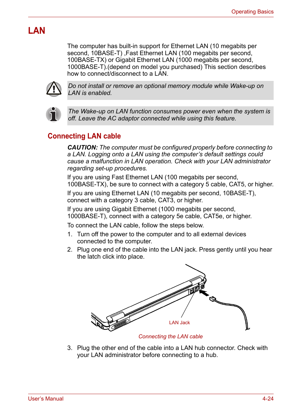 Lan -24, Connecting lan cable | Toshiba Tecra A7 User Manual | Page 79 / 186
