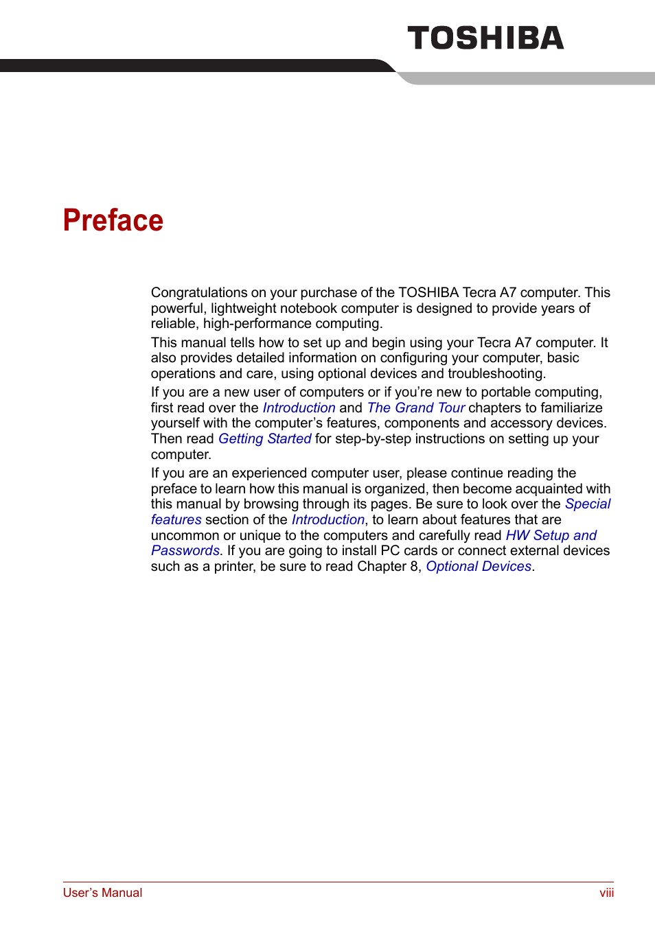 Preface | Toshiba Tecra A7 User Manual | Page 8 / 186