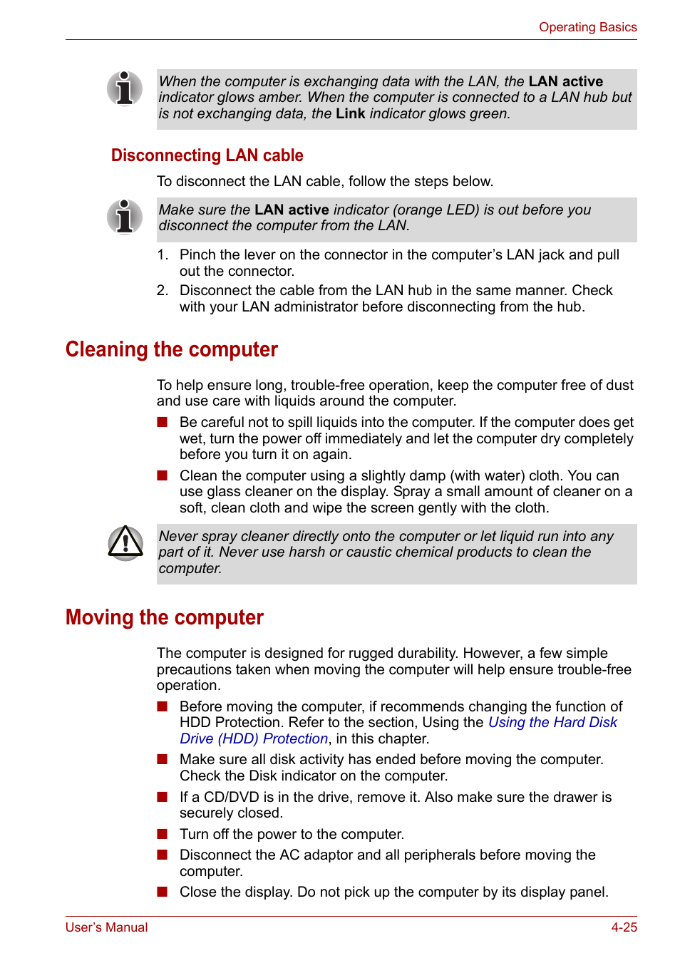 Cleaning the computer, Moving the computer, Cleaning the computer -25 moving the computer -25 | Disconnecting lan cable | Toshiba Tecra A7 User Manual | Page 80 / 186