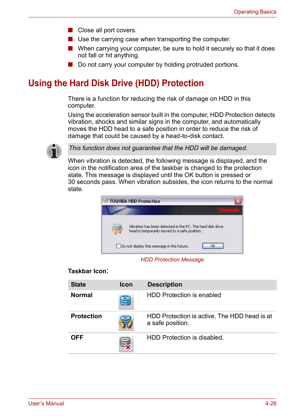 Using the hard disk drive (hdd) protection, Using the hard disk drive (hdd) protection -26 | Toshiba Tecra A7 User Manual | Page 81 / 186