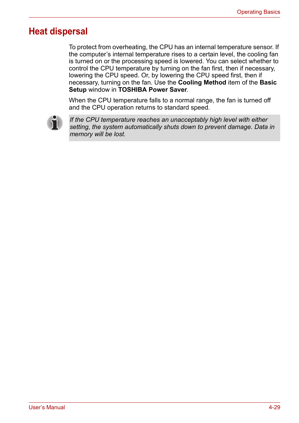 Heat dispersal, Heat dispersal -29 | Toshiba Tecra A7 User Manual | Page 84 / 186