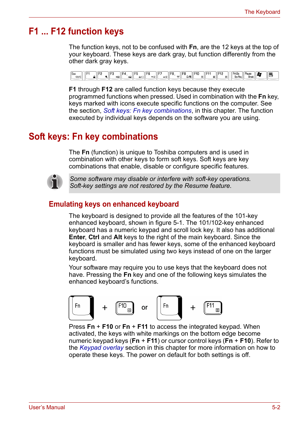 F1 ... f12 function keys, Soft keys: fn key combinations, Emulating keys on enhanced keyboard | Toshiba Tecra A7 User Manual | Page 86 / 186