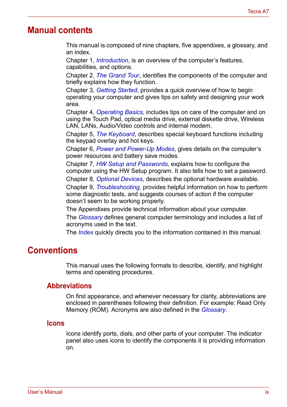 Manual contents, Conventions, Abbreviations | Icons | Toshiba Tecra A7 User Manual | Page 9 / 186