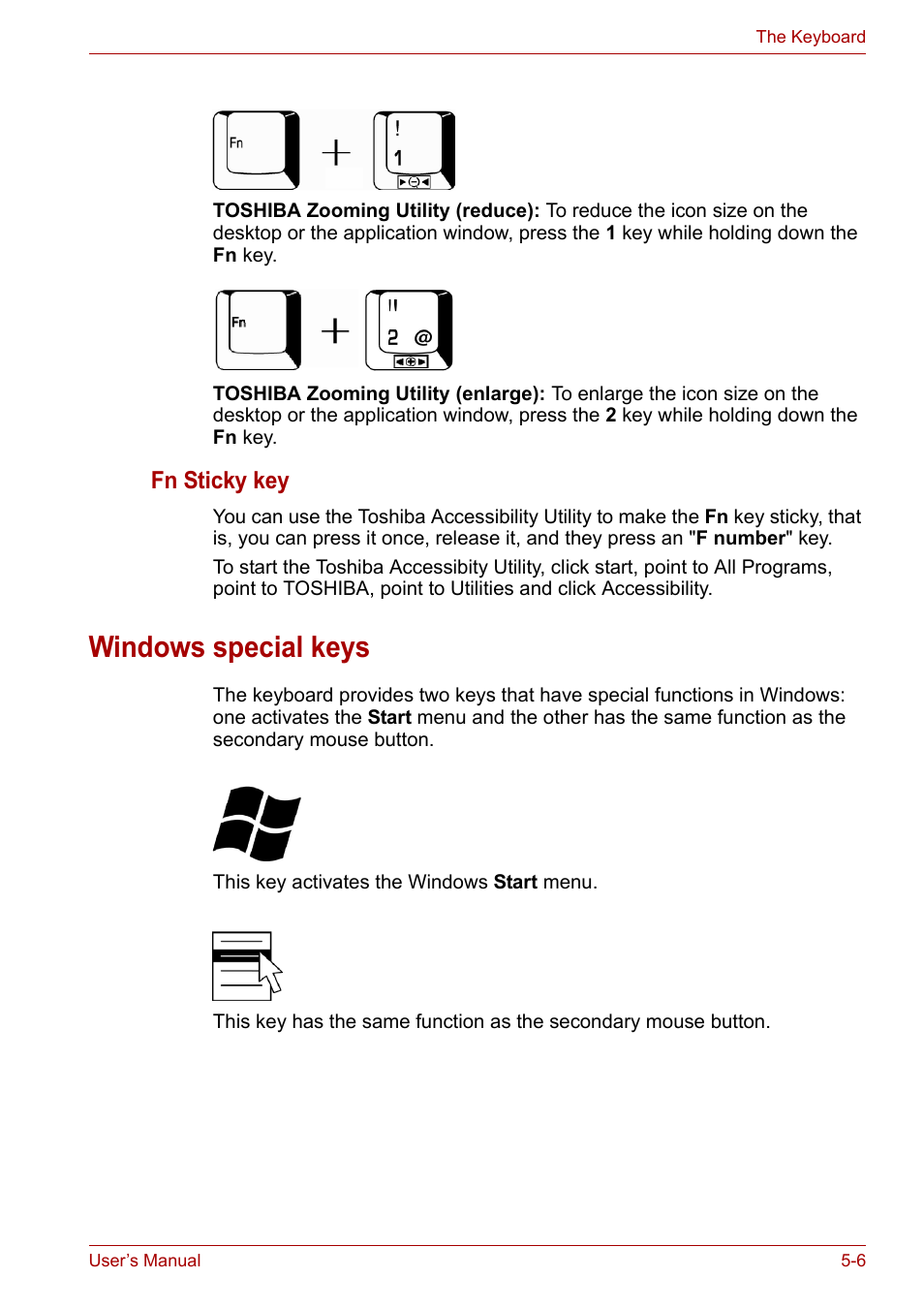 Windows special keys, Windows special keys -6, Fn sticky key | Toshiba Tecra A7 User Manual | Page 90 / 186