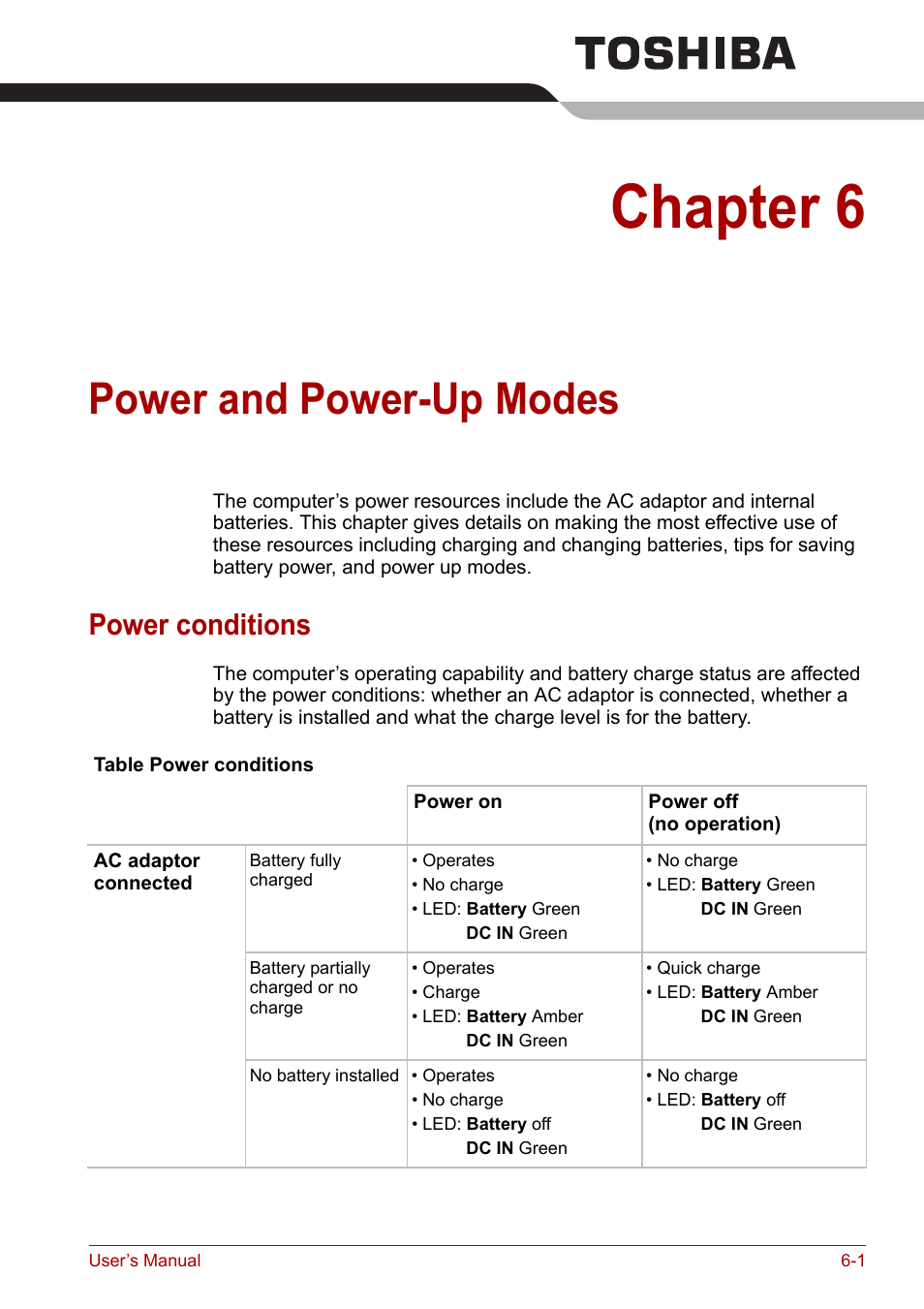Chapter 6: power and power-up modes, Power conditions, Power and power-up modes | Chapter 6, Power conditions -1, Power and power-up, Modes | Toshiba Tecra A7 User Manual | Page 93 / 186