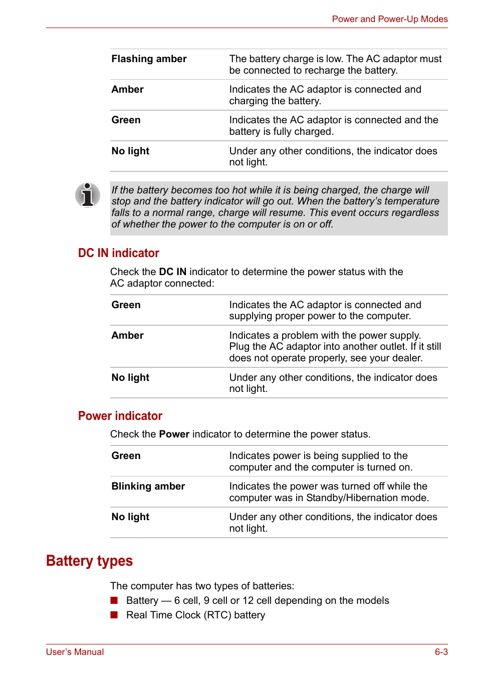 Battery types, Battery types -3, Dc in indicator | Power indicator | Toshiba Tecra A7 User Manual | Page 95 / 186