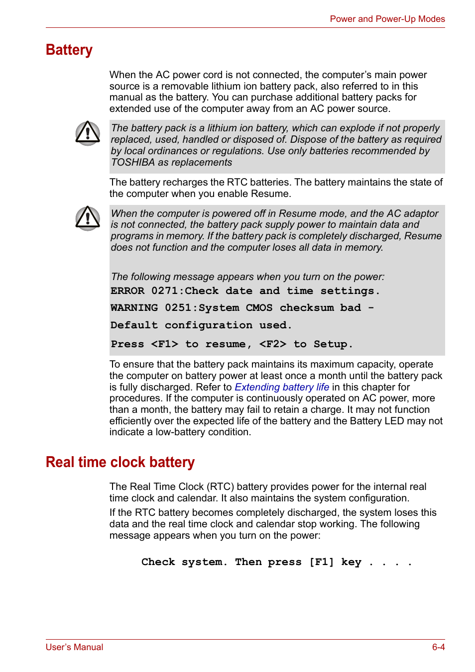 Battery, Real time clock battery, Battery -4 real time clock battery -4 | Toshiba Tecra A7 User Manual | Page 96 / 186