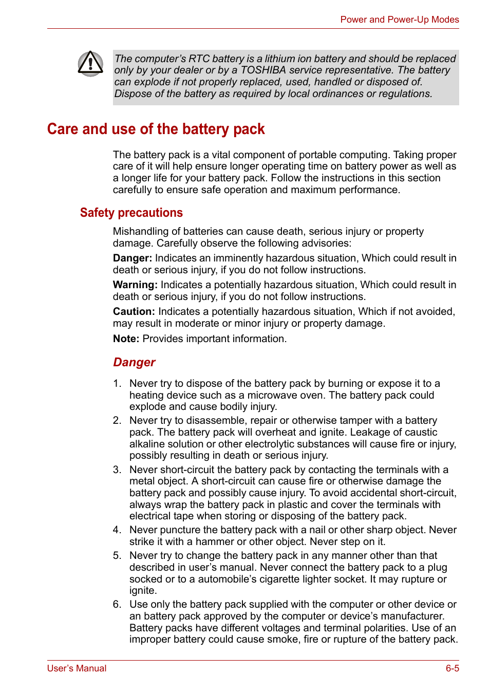 Care and use of the battery pack, Care and use of the battery pack -5, Safety precautions | Toshiba Tecra A7 User Manual | Page 97 / 186