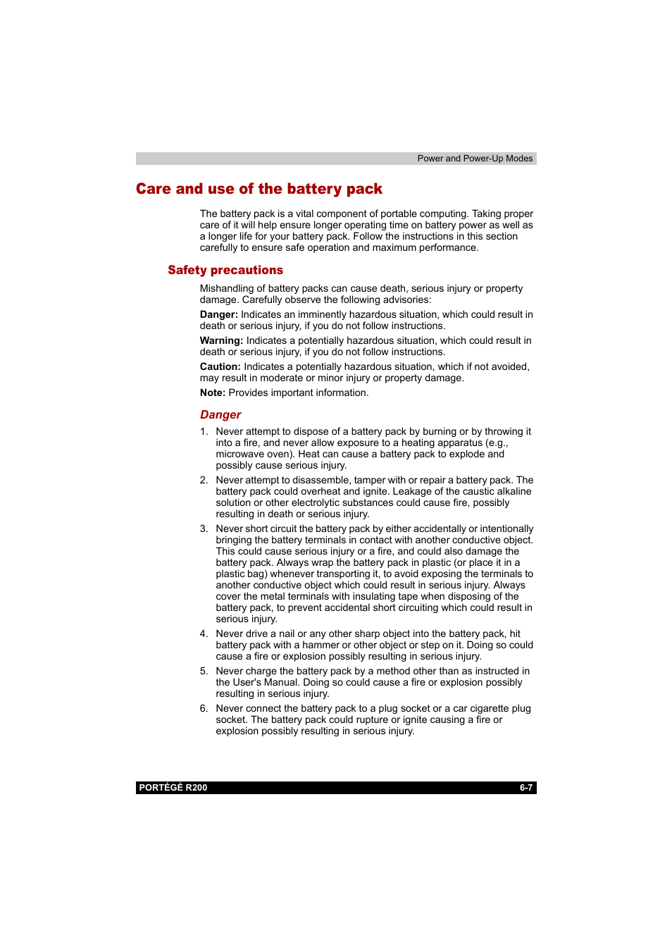 Care and use of the battery pack, Safety precautions, Care and use of the battery pack -7 | Safety precautions -7 | Toshiba Portege R200 (PPR20) User Manual | Page 100 / 187