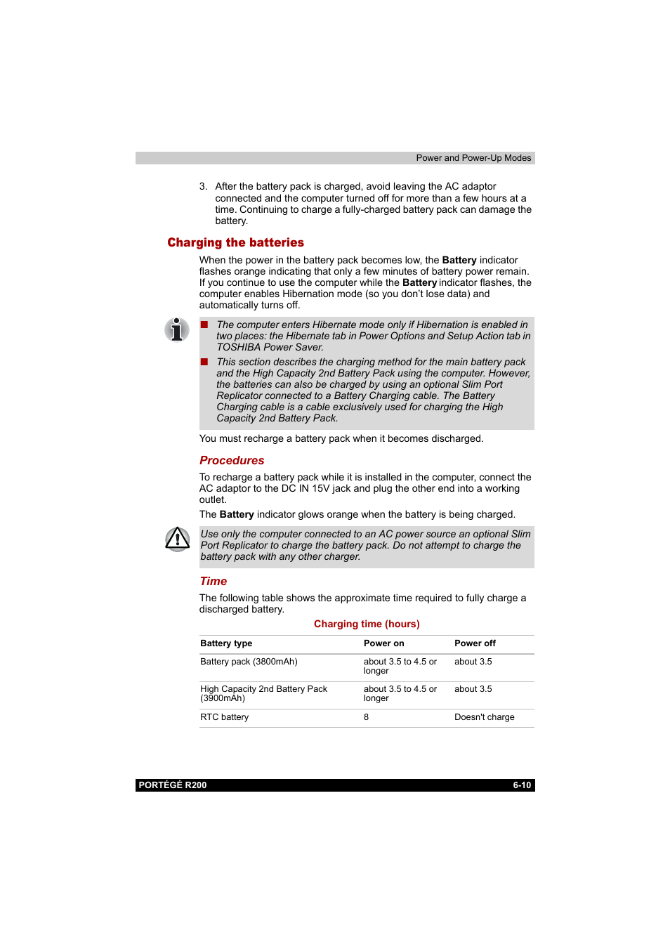 Charging the batteries, Charging the batteries -10 | Toshiba Portege R200 (PPR20) User Manual | Page 103 / 187