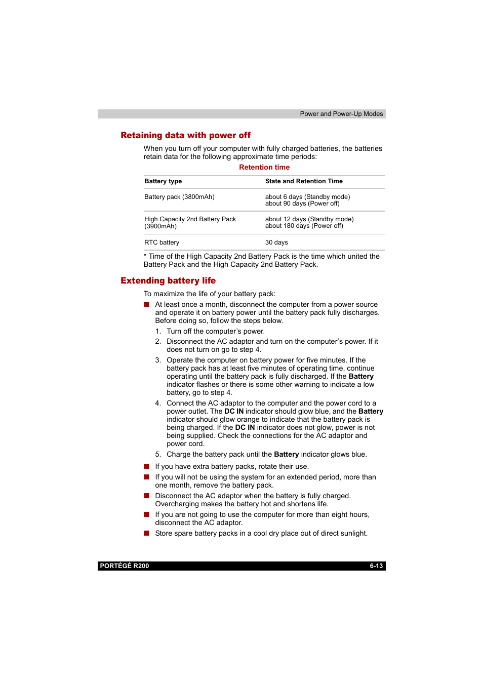 Retaining data with power off, Extending battery life | Toshiba Portege R200 (PPR20) User Manual | Page 106 / 187