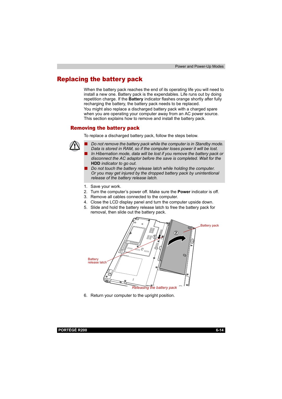 Replacing the battery pack, Removing the battery pack, Replacing the battery pack -14 | Removing the battery pack -14, Section | Toshiba Portege R200 (PPR20) User Manual | Page 107 / 187