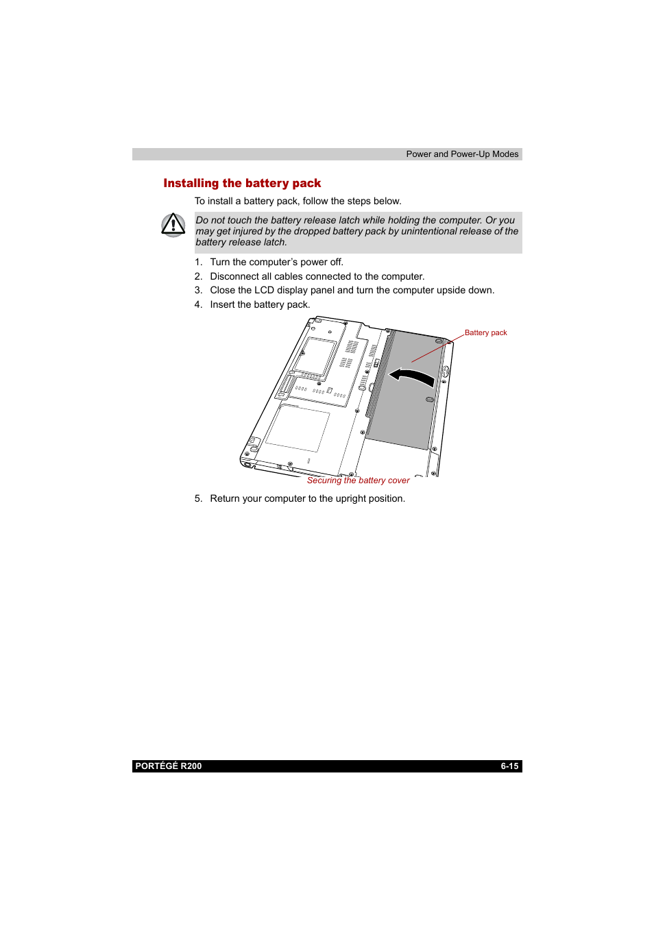 Installing the battery pack, Installing the battery pack -15 | Toshiba Portege R200 (PPR20) User Manual | Page 108 / 187