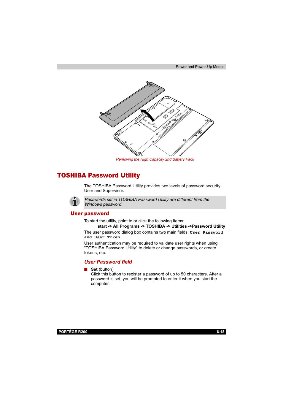 Toshiba password utility, User password, Toshiba password utility -18 | User password -18 | Toshiba Portege R200 (PPR20) User Manual | Page 111 / 187