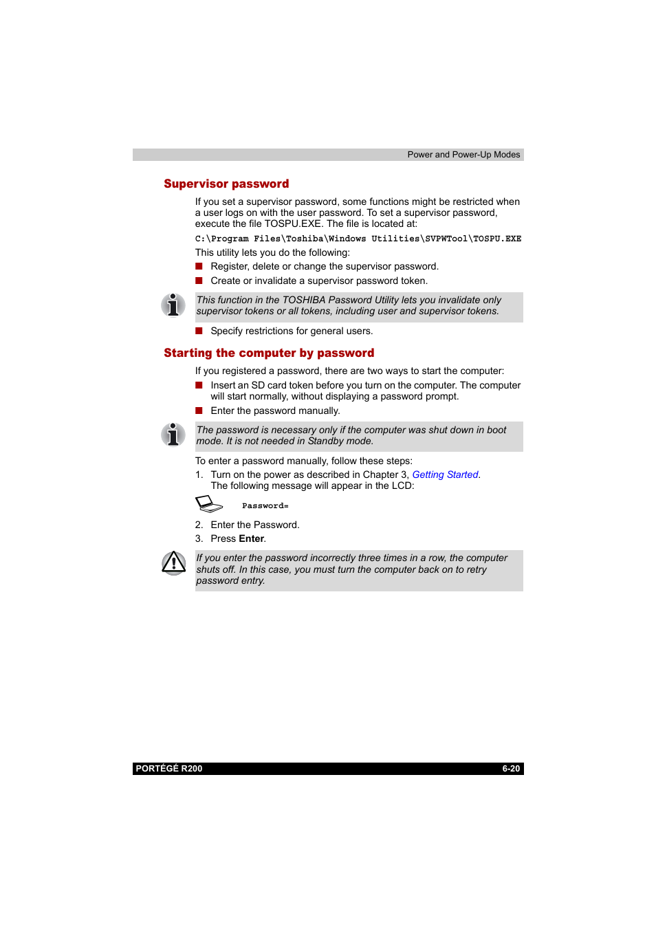 Supervisor password, Starting the computer by password | Toshiba Portege R200 (PPR20) User Manual | Page 113 / 187