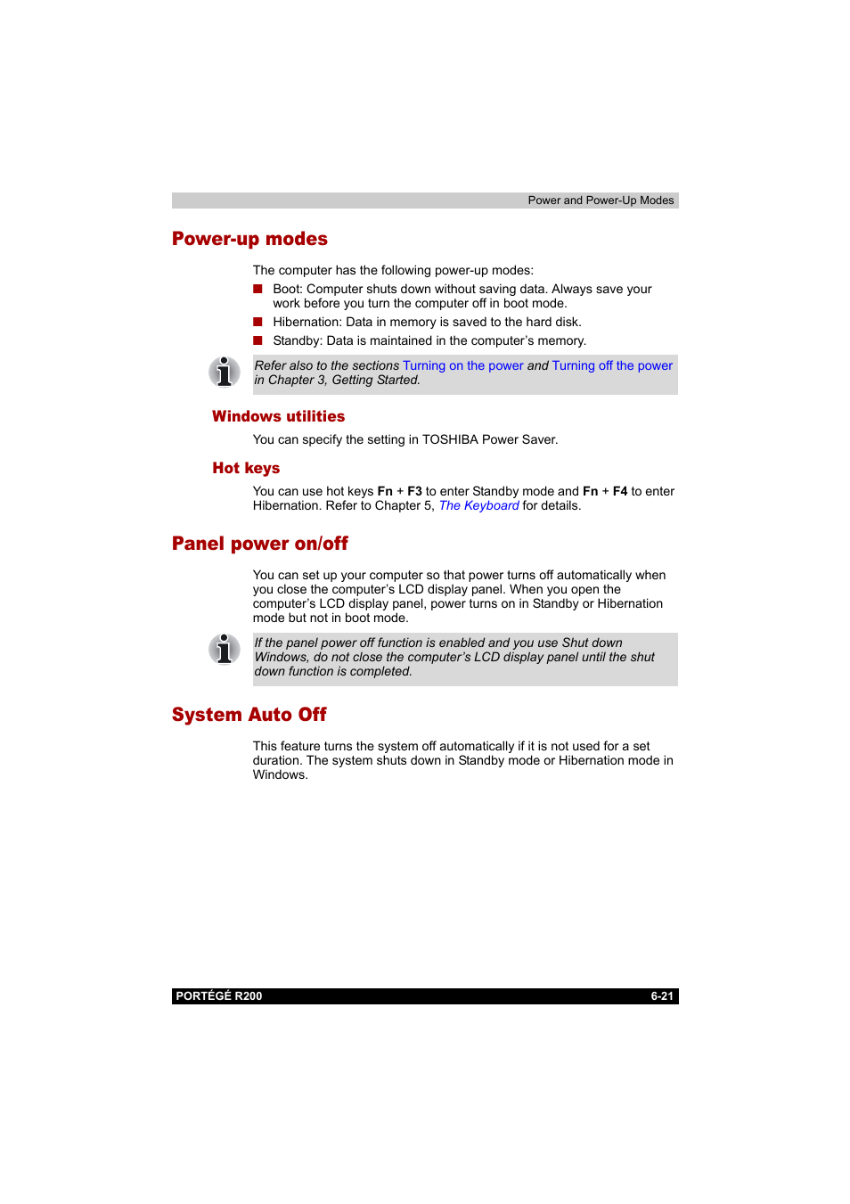 Power-up modes, Windows utilities, Hot keys | Panel power on/off, System auto off, Power-up modes -21, Windows utilities -21 hot keys -21, Panel power on/off -21 system auto off -21 | Toshiba Portege R200 (PPR20) User Manual | Page 114 / 187