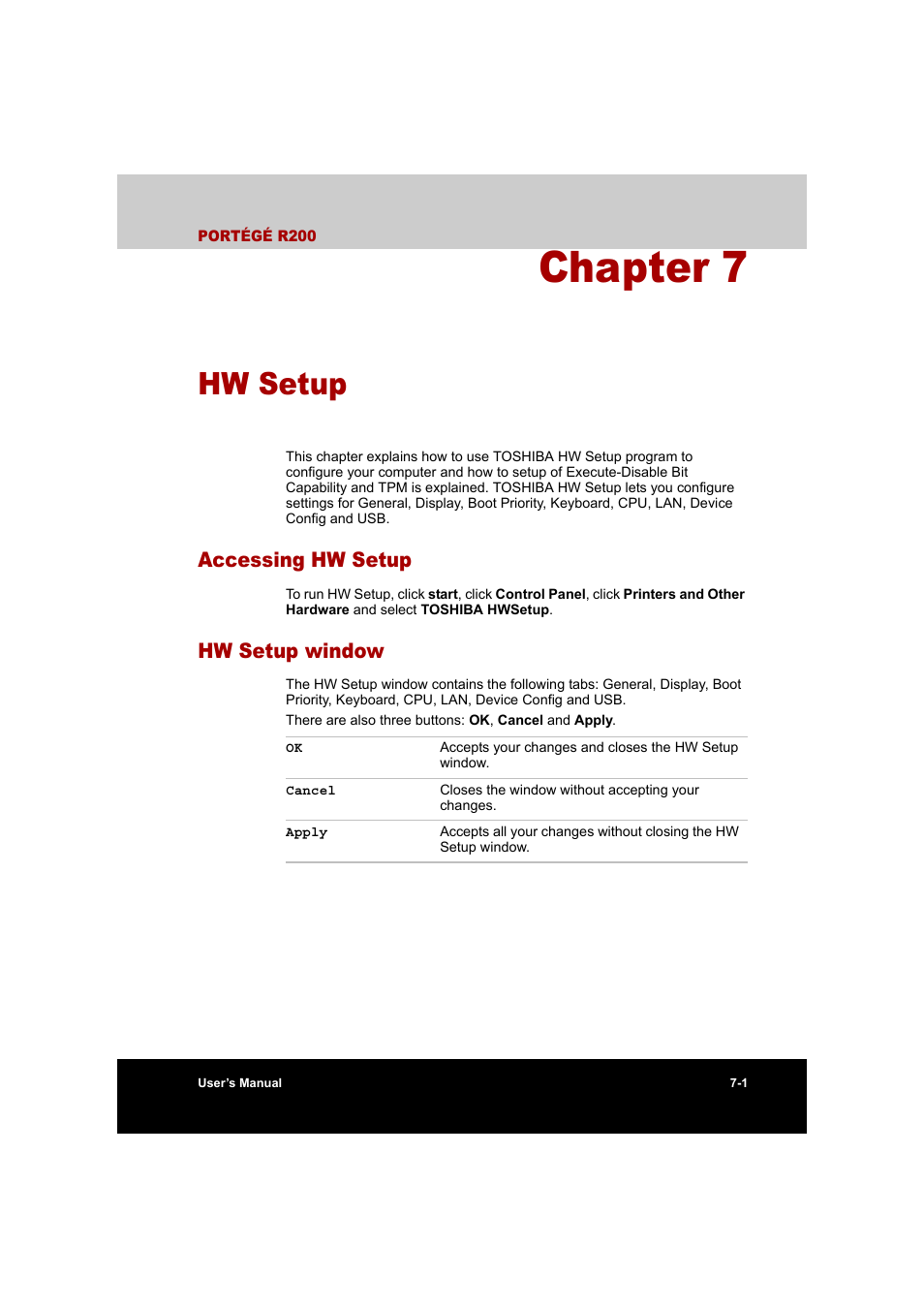 Chapter 7: hw setup, Accessing hw setup, Hw setup window | Chapter 7, Hw setup, Accessing hw setup -1 hw setup window -1 | Toshiba Portege R200 (PPR20) User Manual | Page 115 / 187