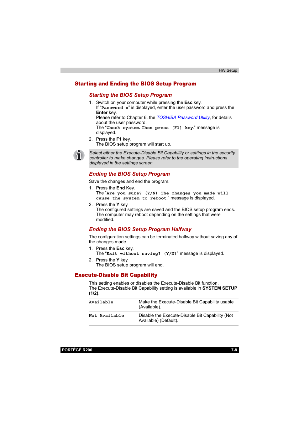 Starting and ending the bios setup program, Execute-disable bit capability | Toshiba Portege R200 (PPR20) User Manual | Page 122 / 187