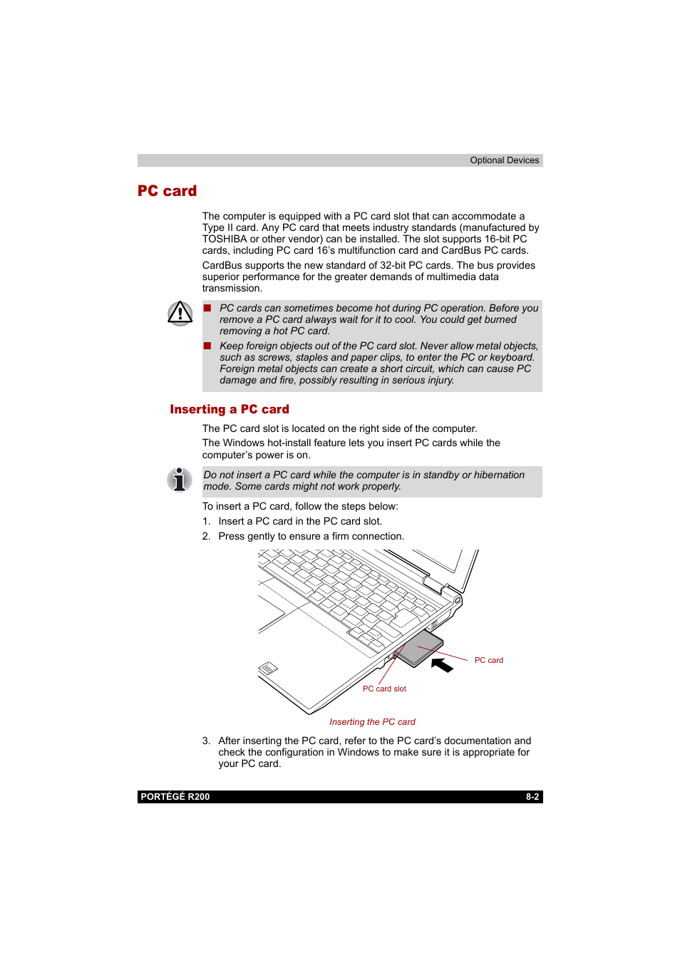 Pc card, Inserting a pc card, Pc card -2 | Inserting a pc card -2 | Toshiba Portege R200 (PPR20) User Manual | Page 125 / 187