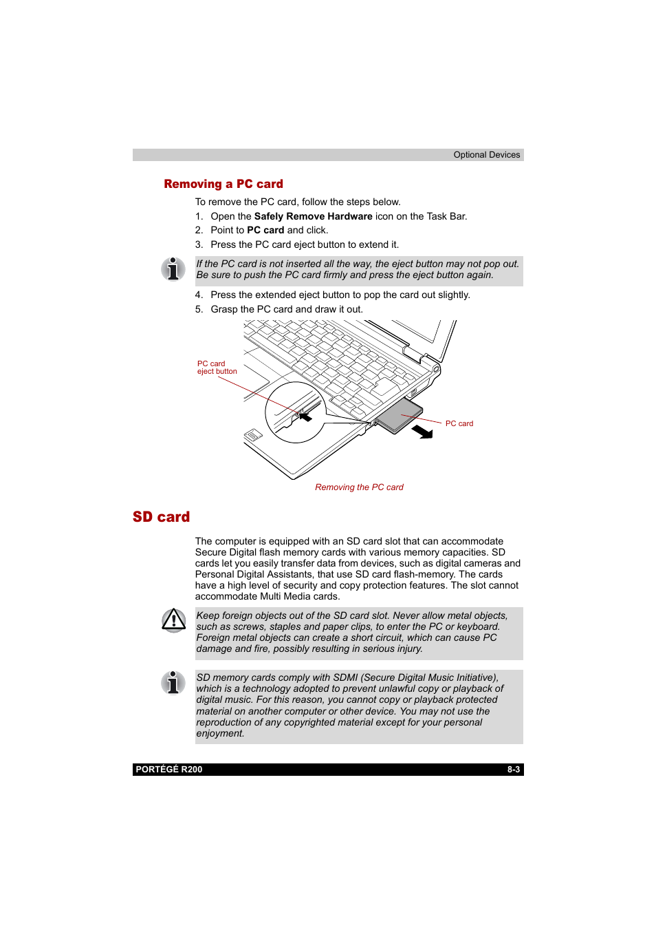 Removing a pc card, Sd card, Removing a pc card -3 | Sd card -3 | Toshiba Portege R200 (PPR20) User Manual | Page 126 / 187