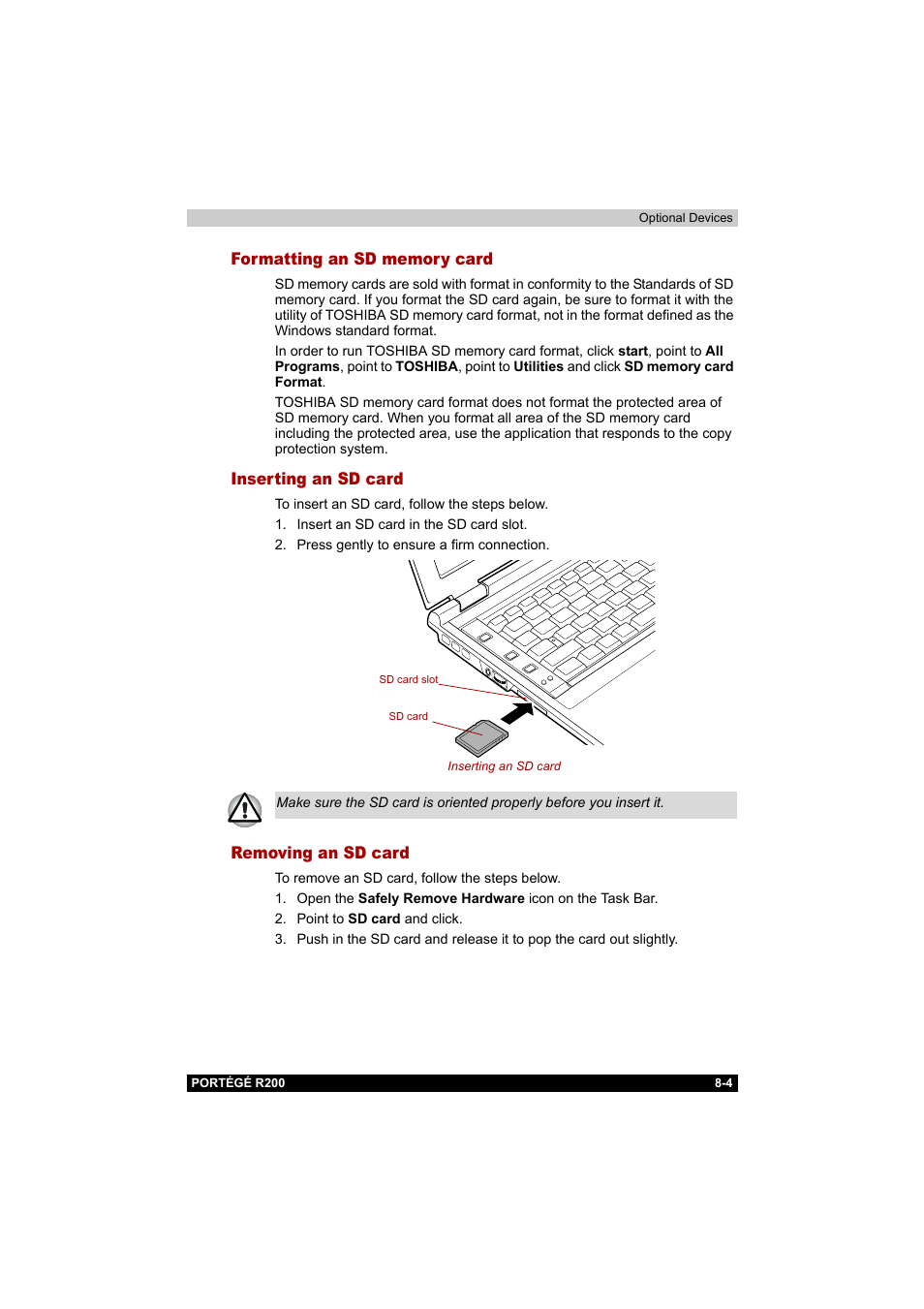 Formatting an sd memory card, Inserting an sd card, Removing an sd card | Toshiba Portege R200 (PPR20) User Manual | Page 127 / 187